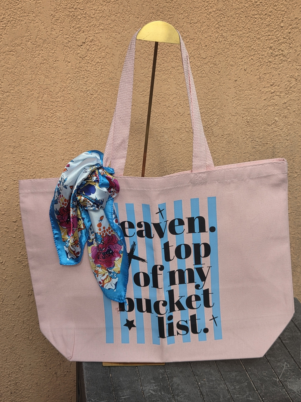 Pink Canvas Tote Bag with Blue Print and Scarf